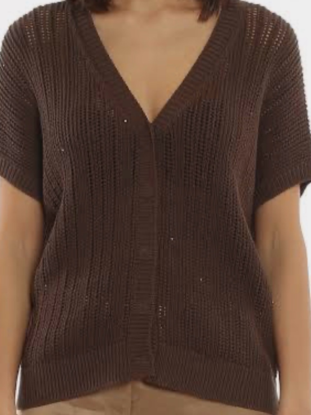 Peserico Deep Brown V-Neck Short Sleeve Knit Sweater